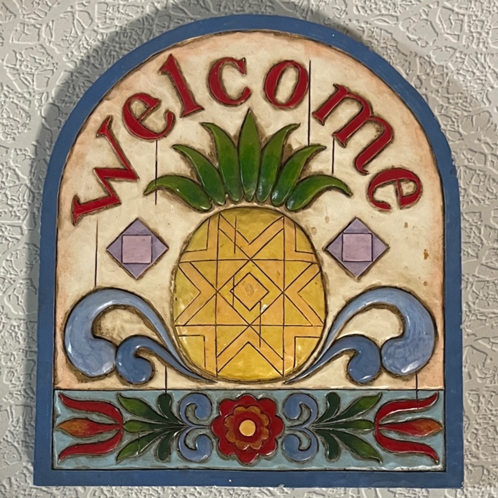 Welcome Sign Jim Shore Pineapple - Red, Green, Yellow, Blue